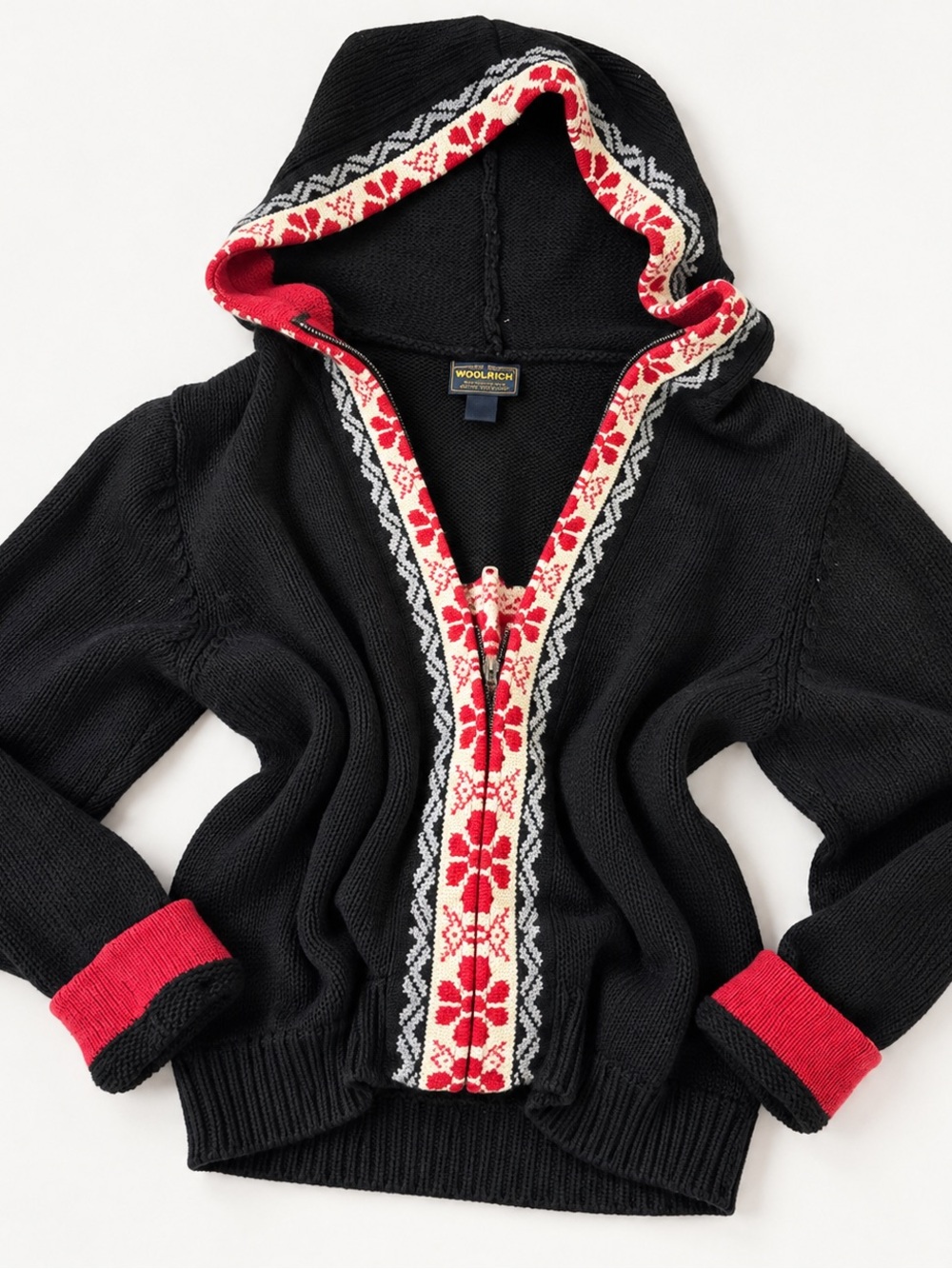 Woolrich Black Hooded Zip Cardigan Sweater Red & Cream Fair Isle Trim Gorpcore